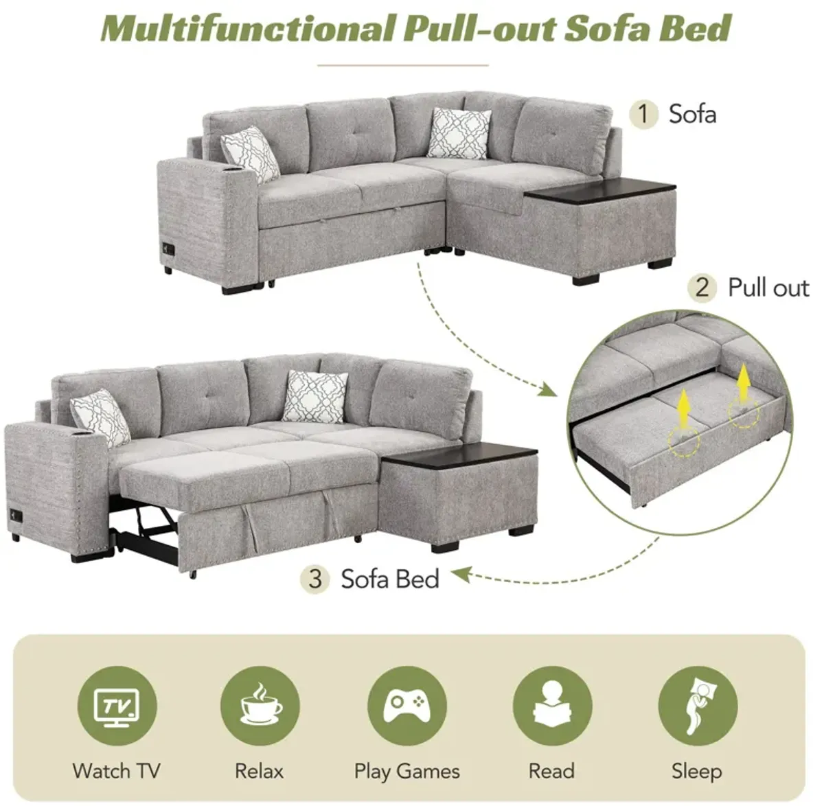 Sectional Pull-Out Sofa Bed L-Shaped Corner Sofa Couch With Storage Chaise, USB Ports, Power Sockets, Cup Holder For Living Room, Bedroom, Study