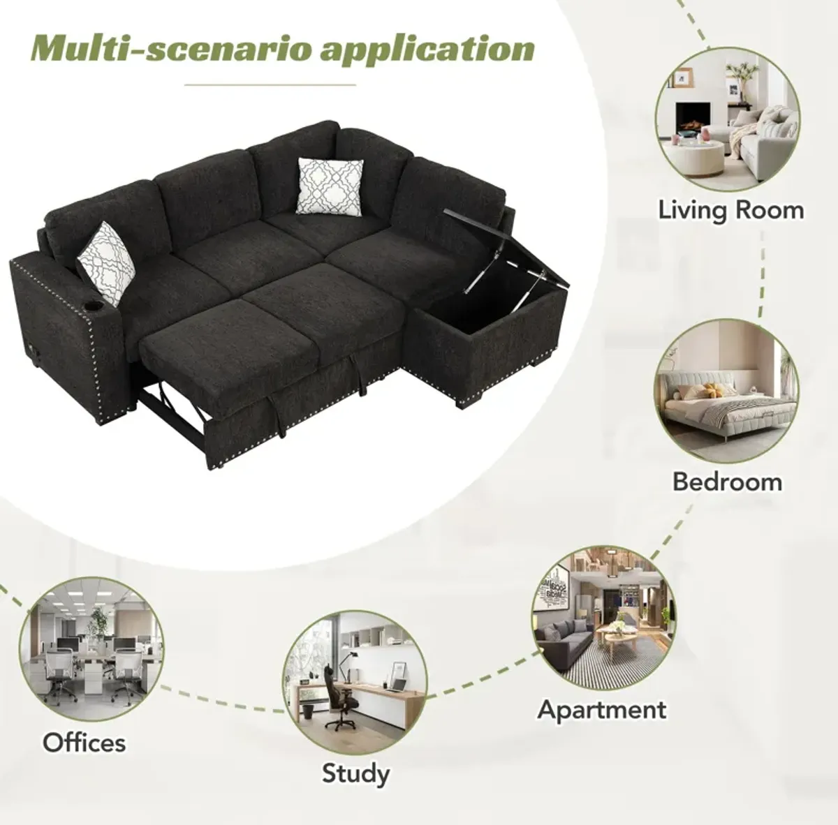 Sectional Pull-Out Sofa Bed L-Shaped Corner Sofa Couch With Storage Chaise, USB Ports, Power Sockets, Cup Holder For Living Room, Bedroom, Study