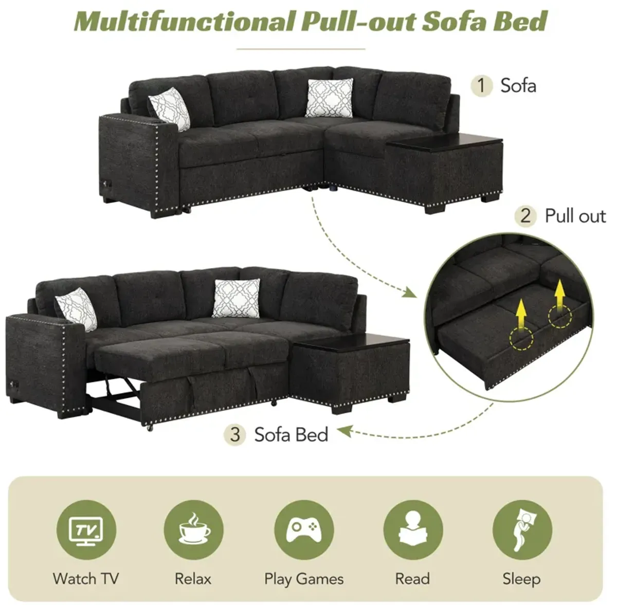 Sectional Pull-Out Sofa Bed L-Shaped Corner Sofa Couch With Storage Chaise, USB Ports, Power Sockets, Cup Holder For Living Room, Bedroom, Study