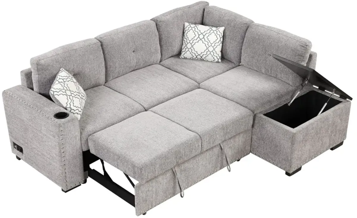 Sectional Pull-Out Sofa Bed L-Shaped Corner Sofa Couch With Storage Chaise, USB Ports, Power Sockets, Cup Holder For Living Room, Bedroom, Study