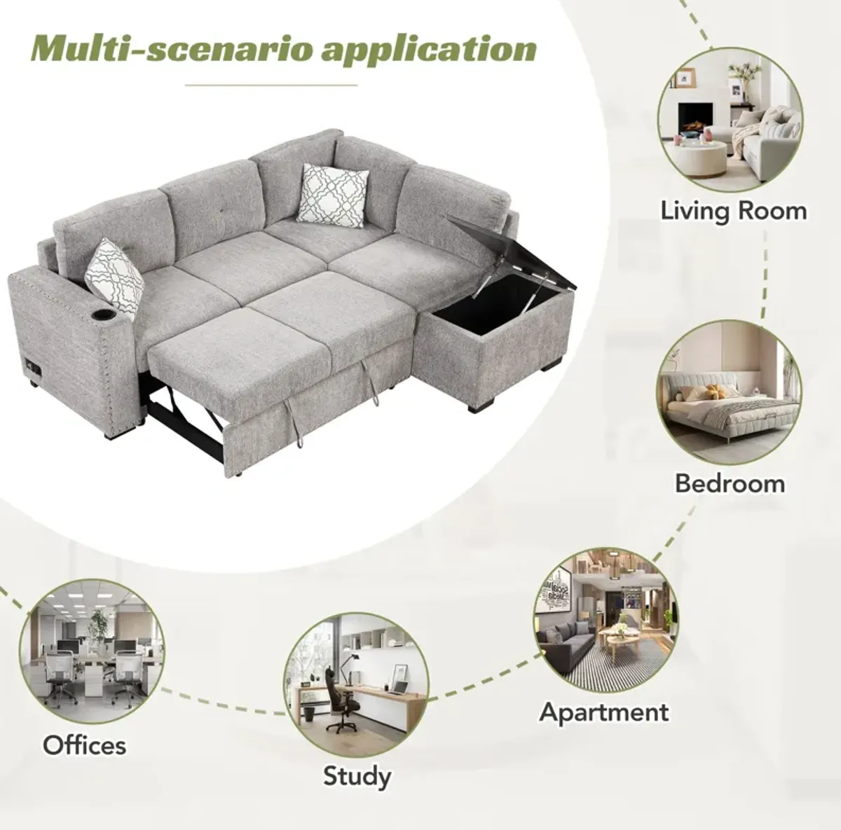 Sectional Pull-Out Sofa Bed L-Shaped Corner Sofa Couch With Storage Chaise, USB Ports, Power Sockets, Cup Holder For Living Room, Bedroom, Study