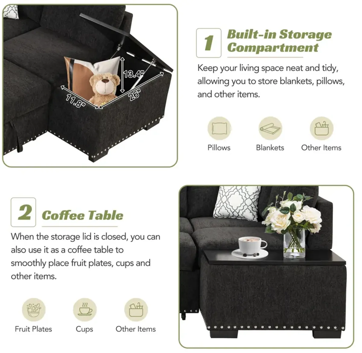 Sectional Pull-Out Sofa Bed L-Shaped Corner Sofa Couch With Storage Chaise, USB Ports, Power Sockets, Cup Holder For Living Room, Bedroom, Study