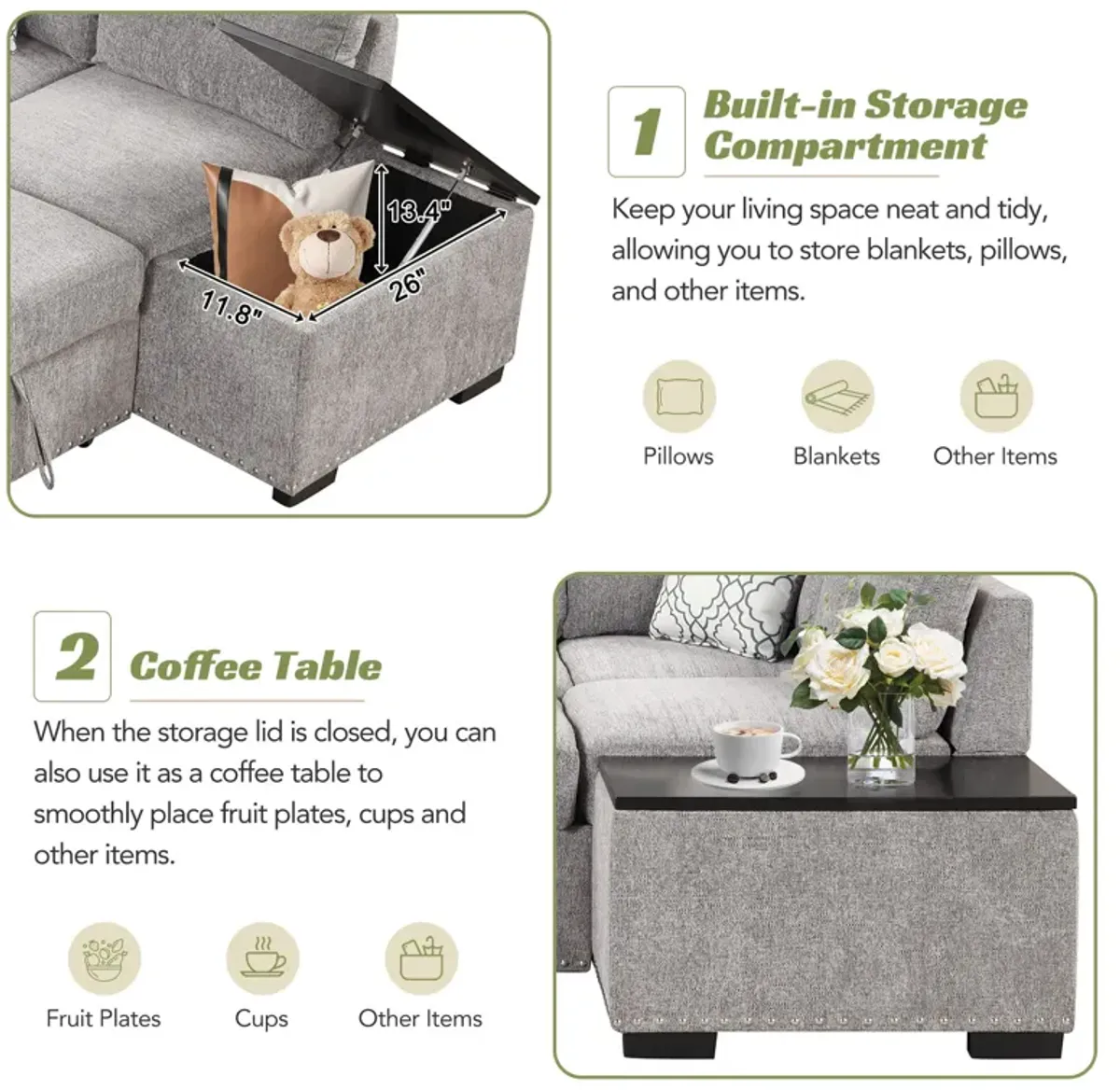 Sectional Pull-Out Sofa Bed L-Shaped Corner Sofa Couch With Storage Chaise, USB Ports, Power Sockets, Cup Holder For Living Room, Bedroom, Study