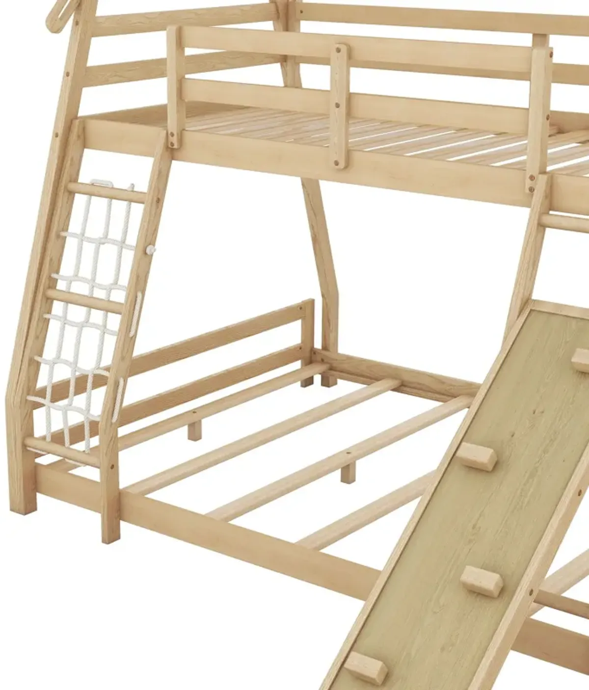 Twin Over Queen House Bunk Bed With Climbing Nets And Climbing Ramp