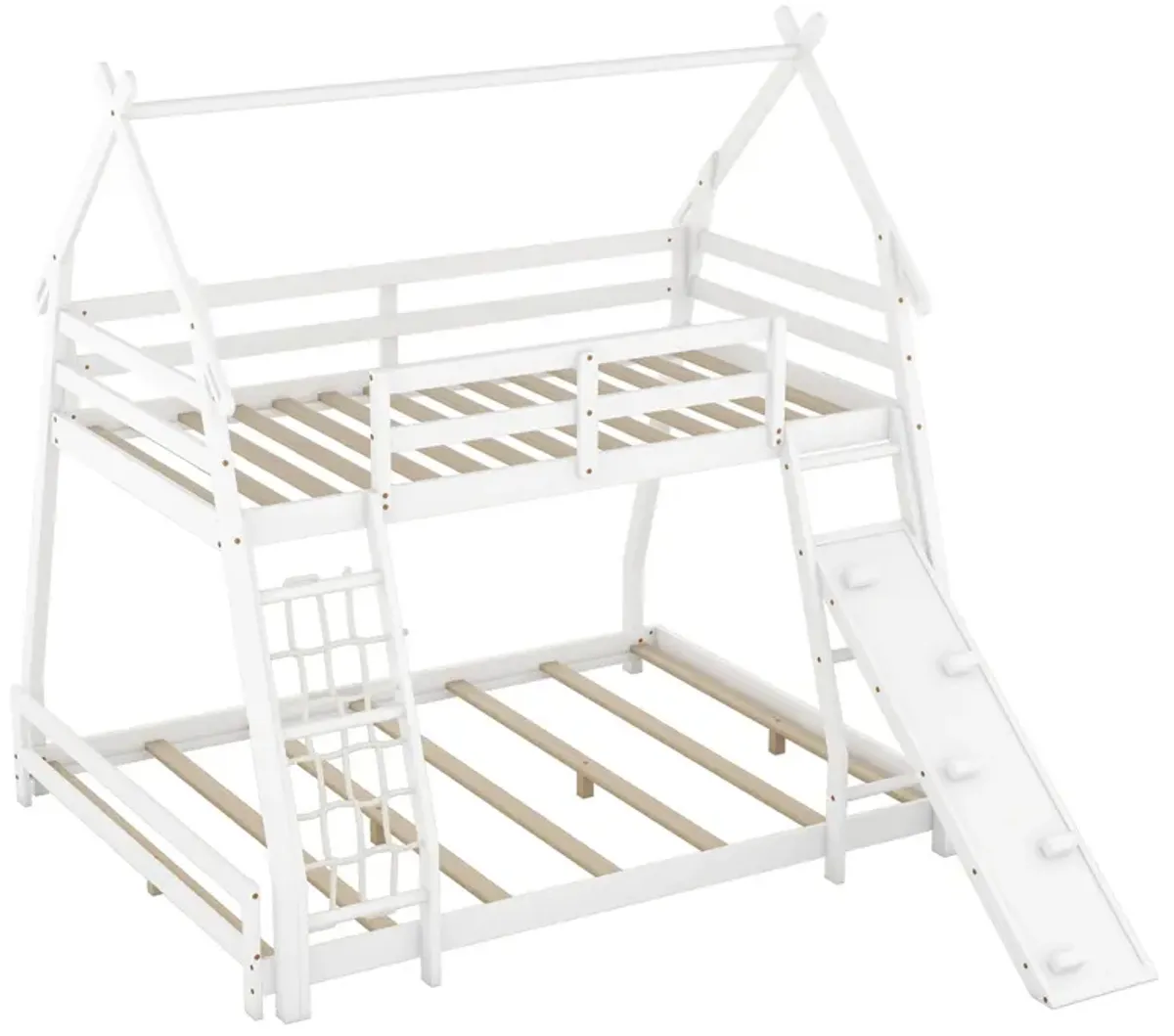 Twin Over Queen House Bunk Bed With Climbing Nets And Climbing Ramp