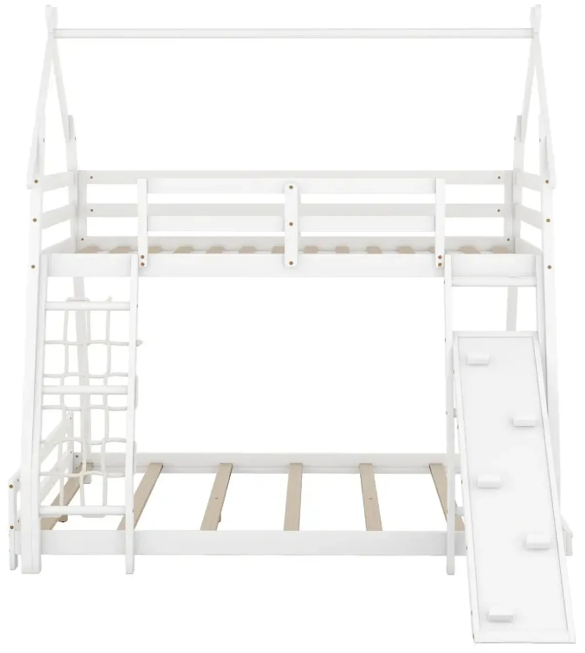 Twin Over Queen House Bunk Bed With Climbing Nets And Climbing Ramp