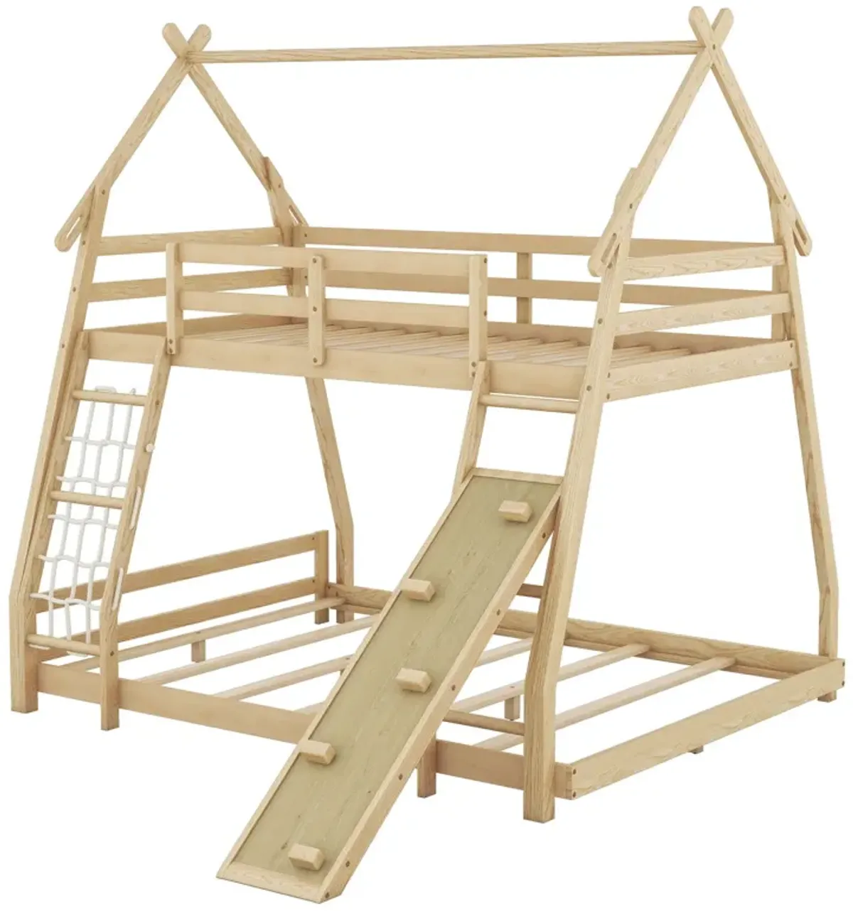 Twin Over Queen House Bunk Bed With Climbing Nets And Climbing Ramp