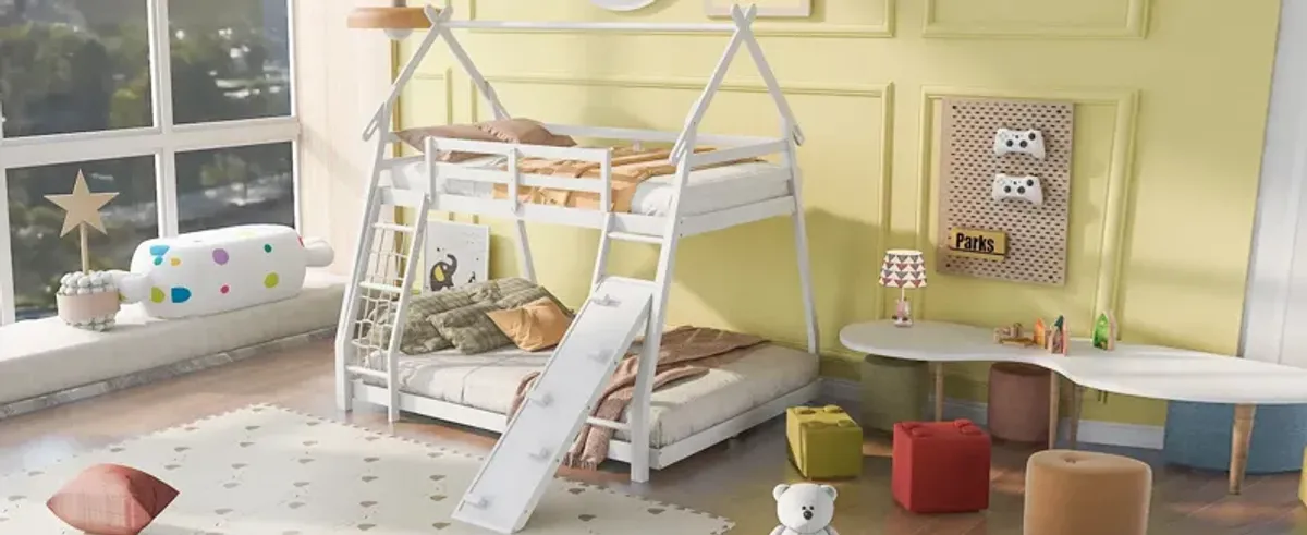 Twin Over Queen House Bunk Bed With Climbing Nets And Climbing Ramp