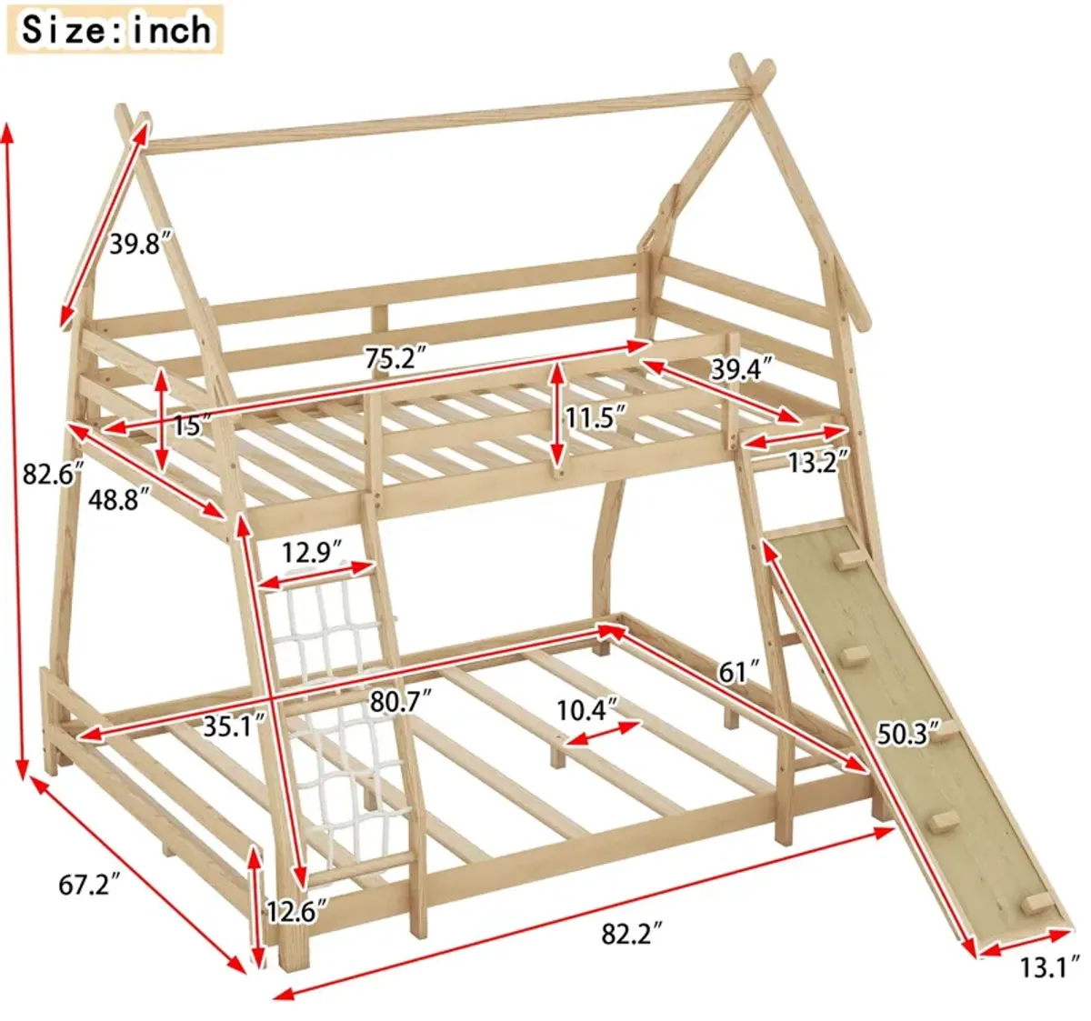 Twin Over Queen House Bunk Bed With Climbing Nets And Climbing Ramp