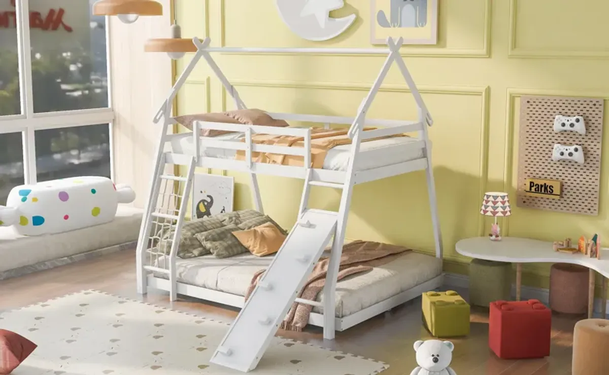 Twin Over Queen House Bunk Bed With Climbing Nets And Climbing Ramp