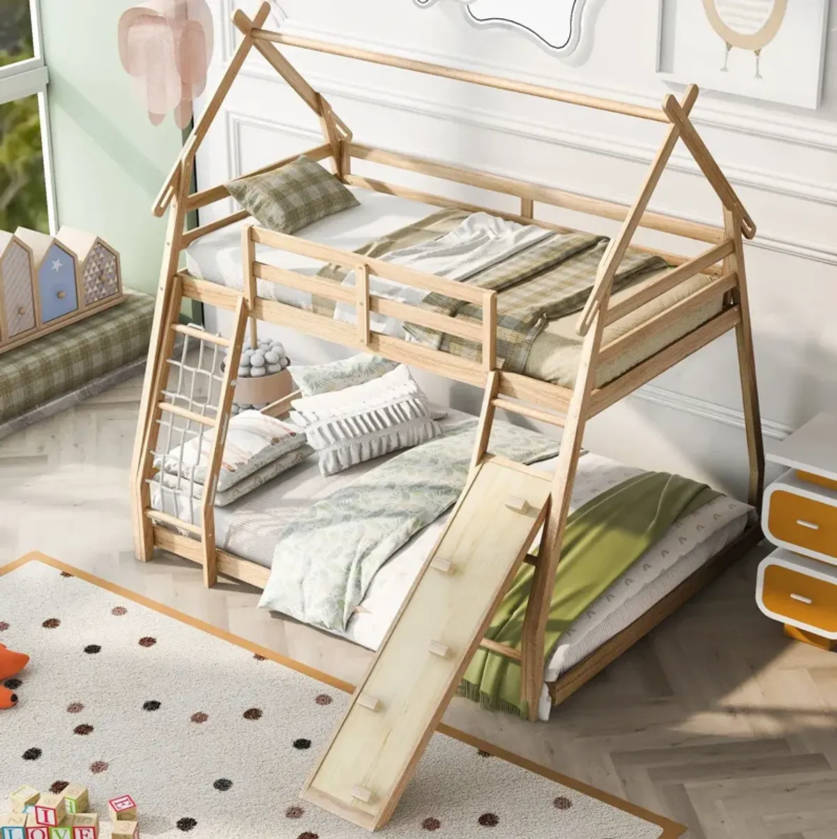 Twin Over Queen House Bunk Bed With Climbing Nets And Climbing Ramp