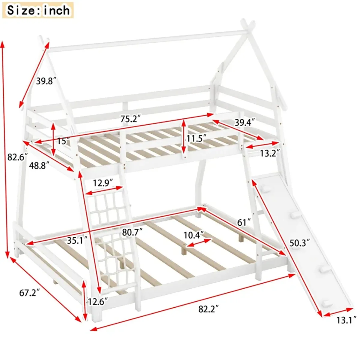 Twin Over Queen House Bunk Bed With Climbing Nets And Climbing Ramp