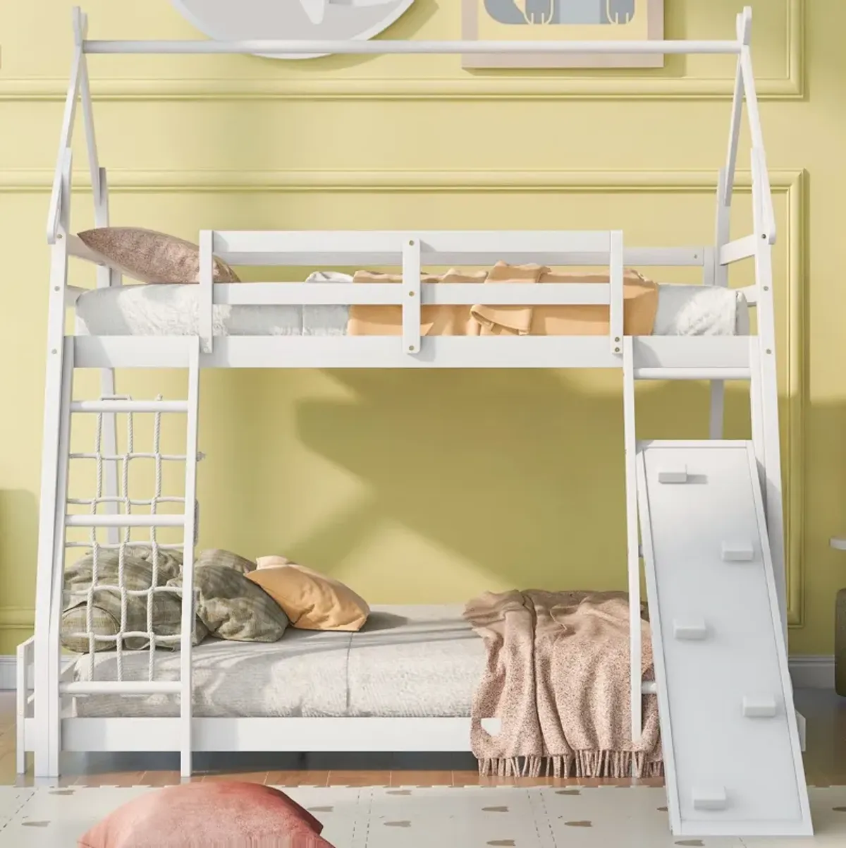 Twin Over Queen House Bunk Bed With Climbing Nets And Climbing Ramp