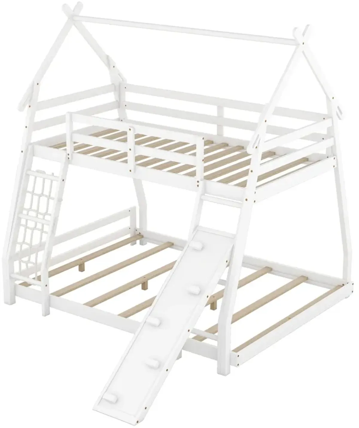 Twin Over Queen House Bunk Bed With Climbing Nets And Climbing Ramp