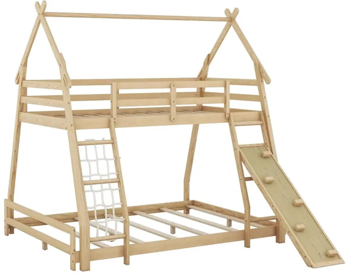 Twin Over Queen House Bunk Bed With Climbing Nets And Climbing Ramp