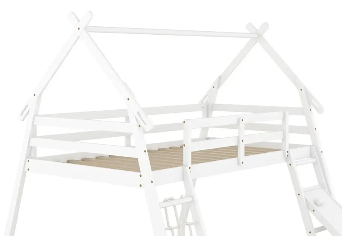 Twin Over Queen House Bunk Bed With Climbing Nets And Climbing Ramp