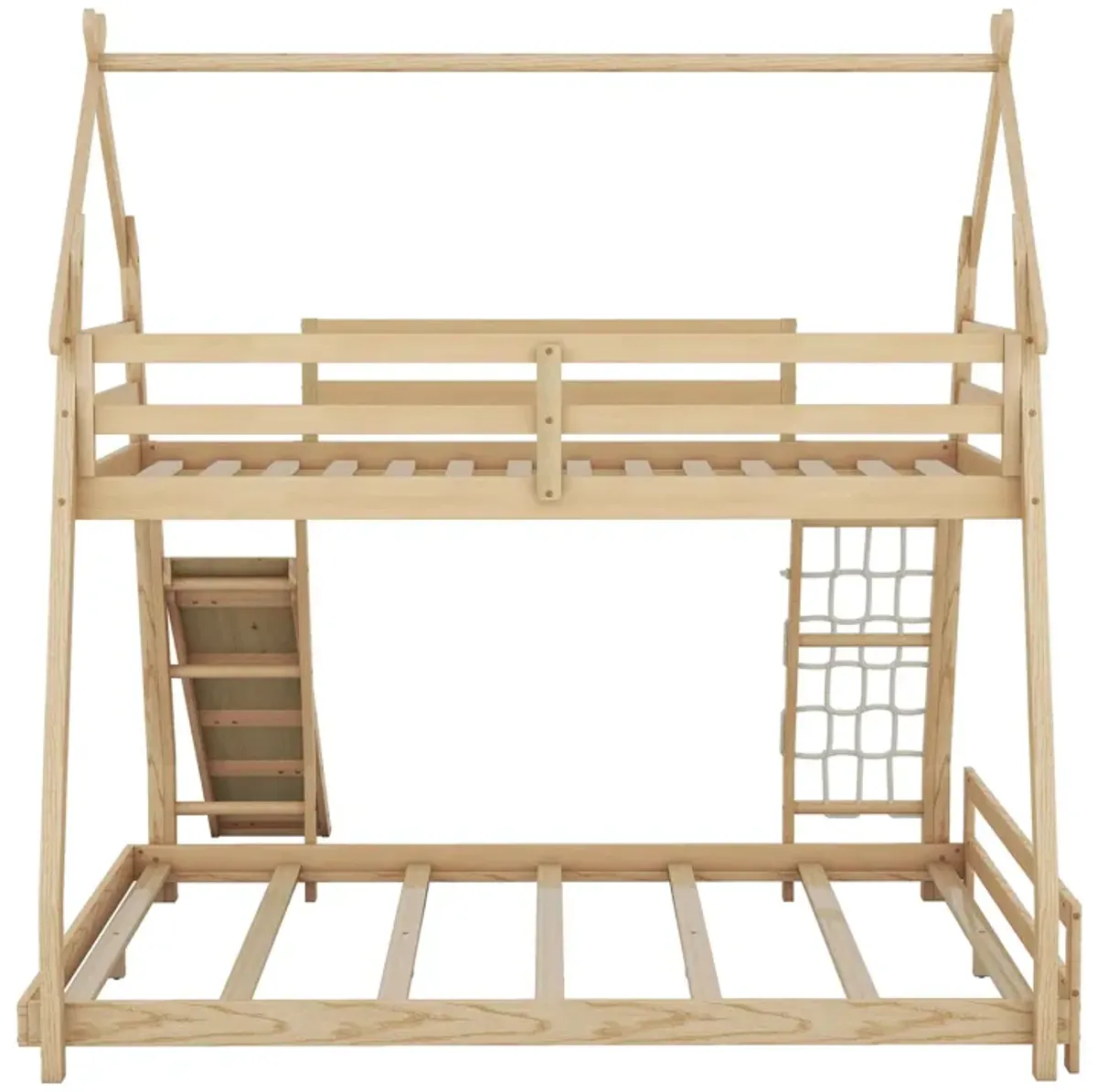 Twin Over Queen House Bunk Bed With Climbing Nets And Climbing Ramp