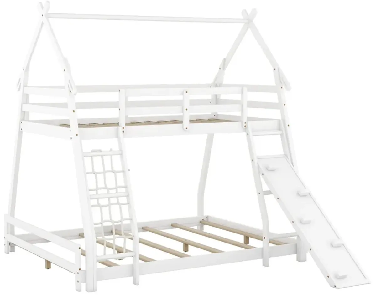 Twin Over Queen House Bunk Bed With Climbing Nets And Climbing Ramp