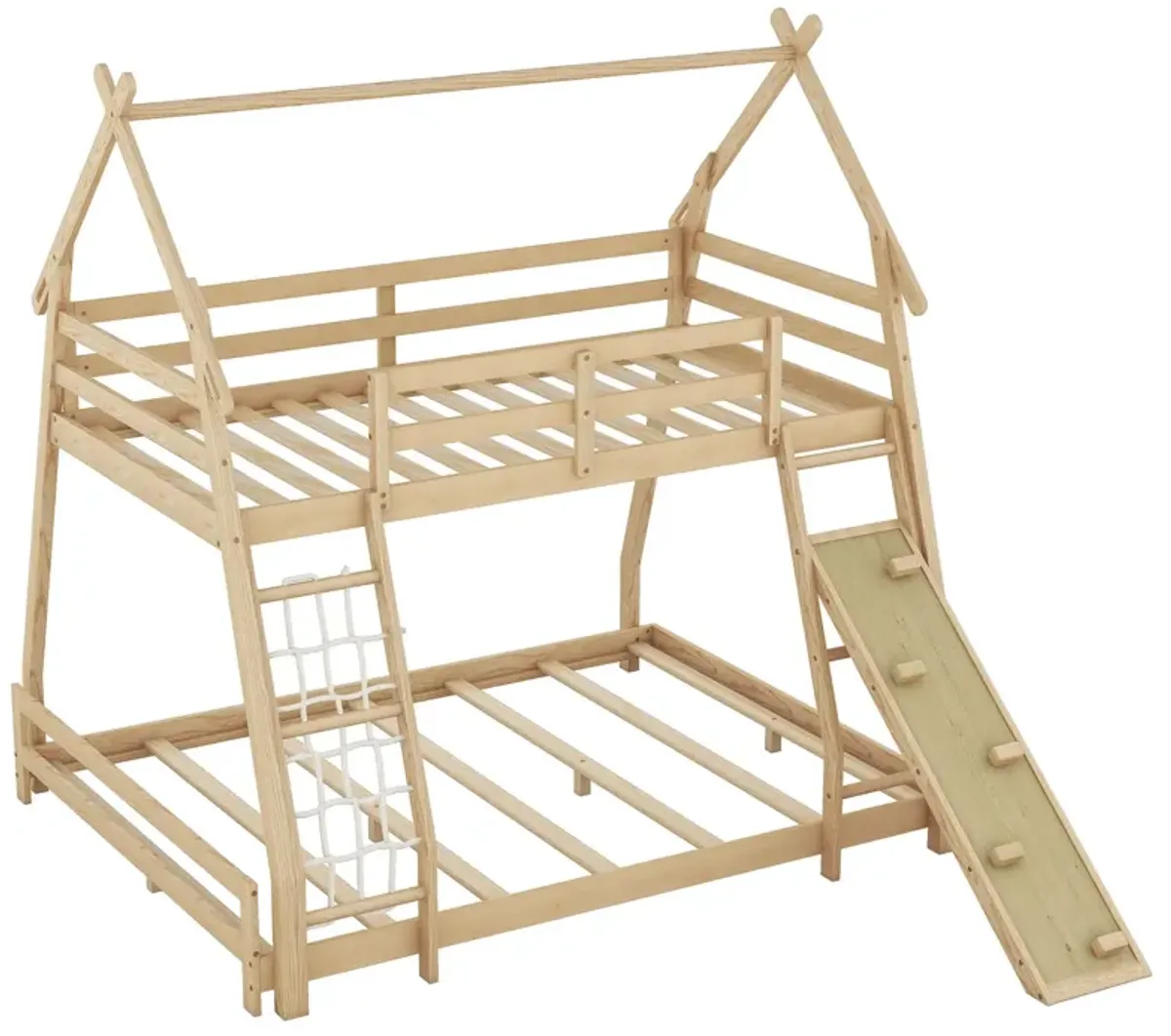 Twin Over Queen House Bunk Bed With Climbing Nets And Climbing Ramp