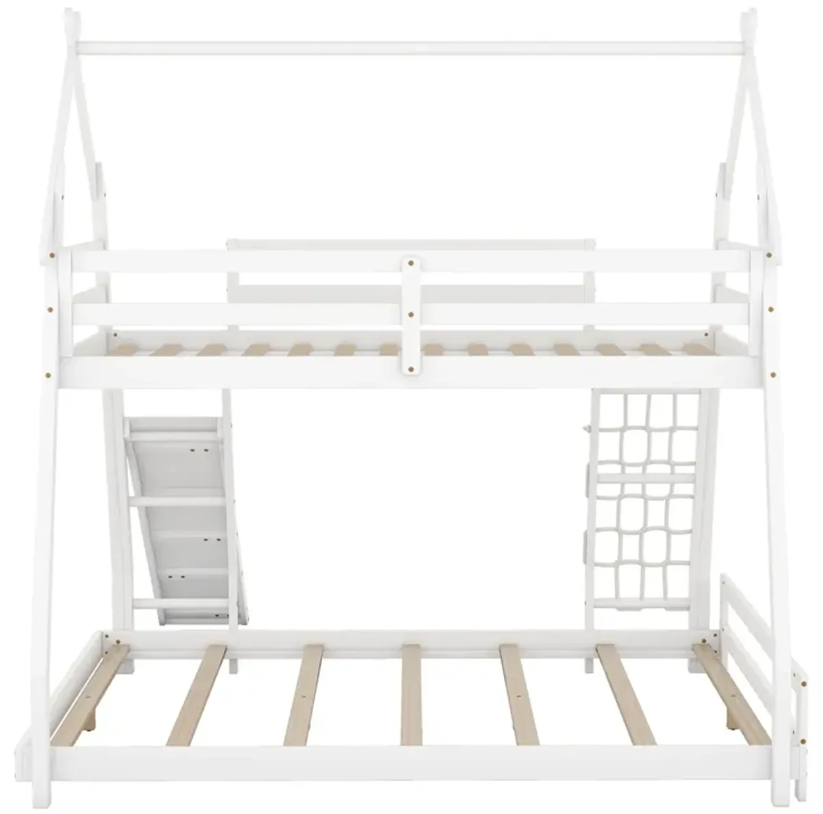 Twin Over Queen House Bunk Bed With Climbing Nets And Climbing Ramp