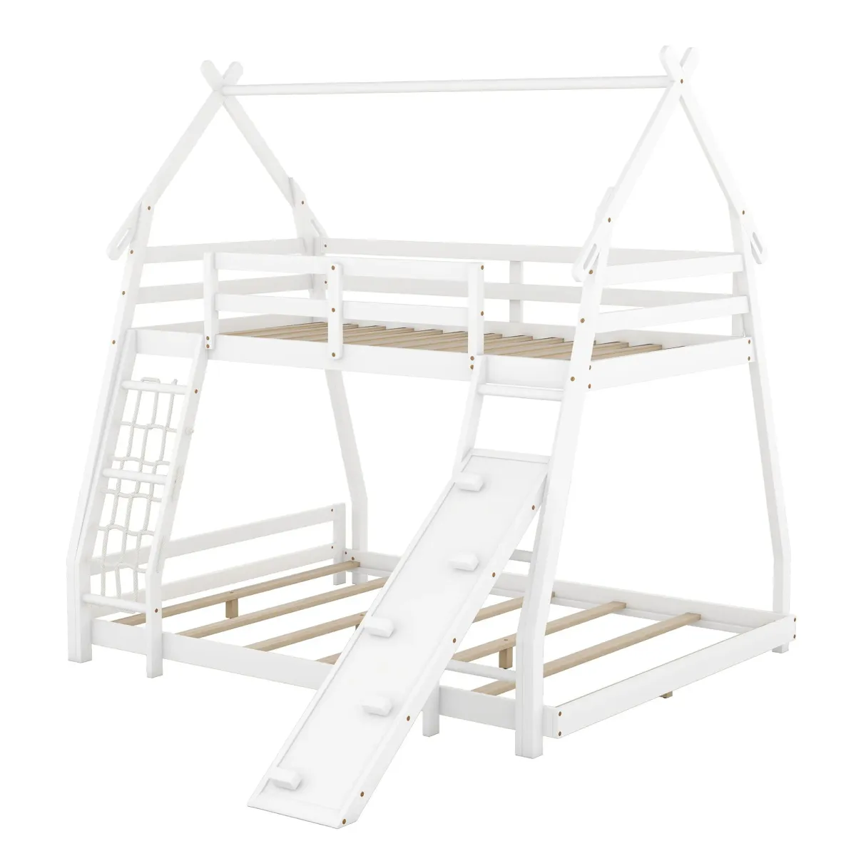 Twin Over Queen House Bunk Bed With Climbing Nets And Climbing Ramp