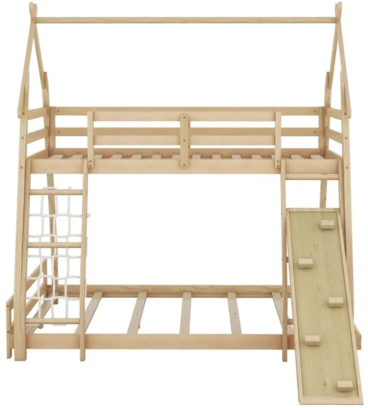 Twin Over Queen House Bunk Bed With Climbing Nets And Climbing Ramp