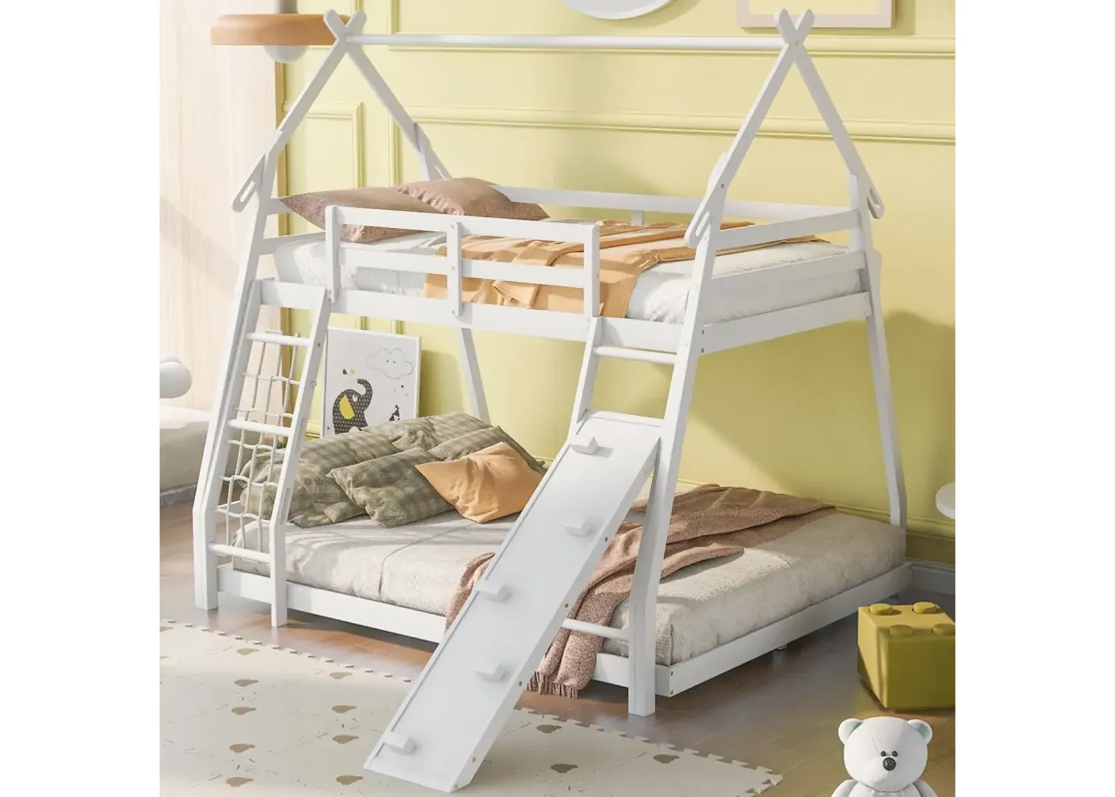 Twin Over Queen House Bunk Bed With Climbing Nets And Climbing Ramp