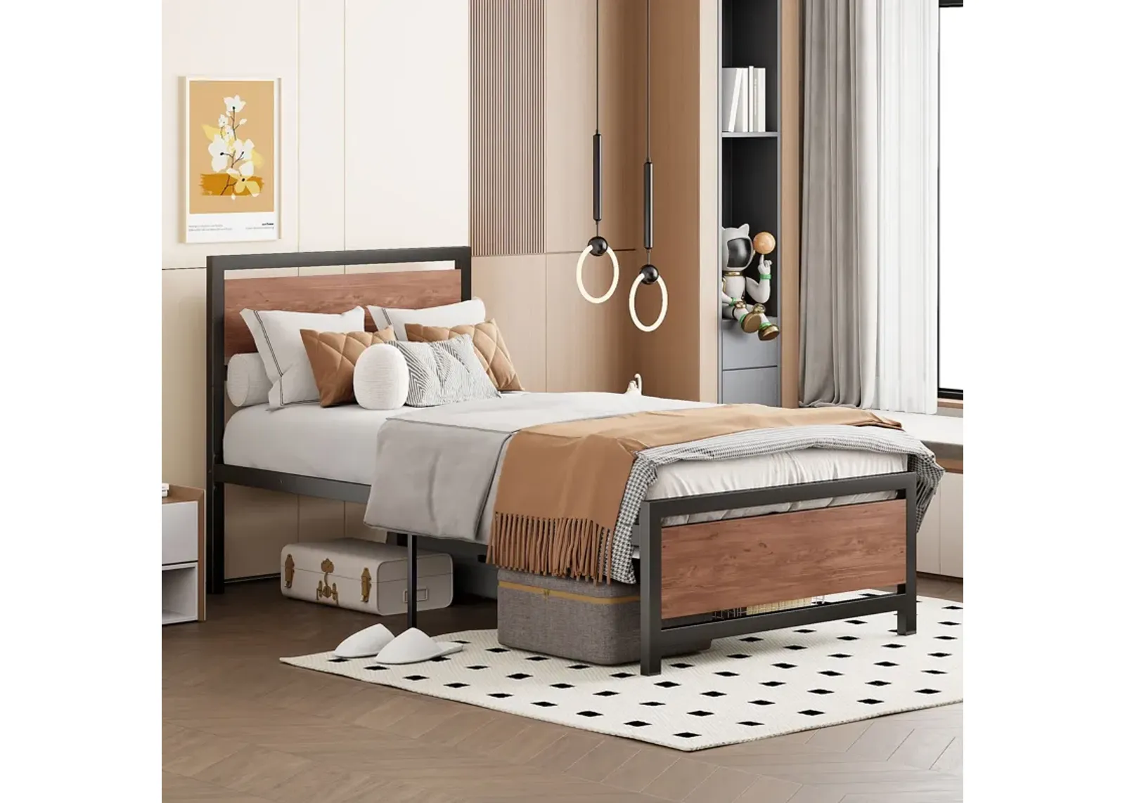 Platform Bed, Metal And Wood Bed Frame With Headboard And Footboard