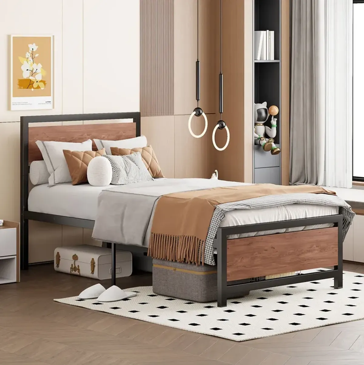 Platform Bed, Metal And Wood Bed Frame With Headboard And Footboard