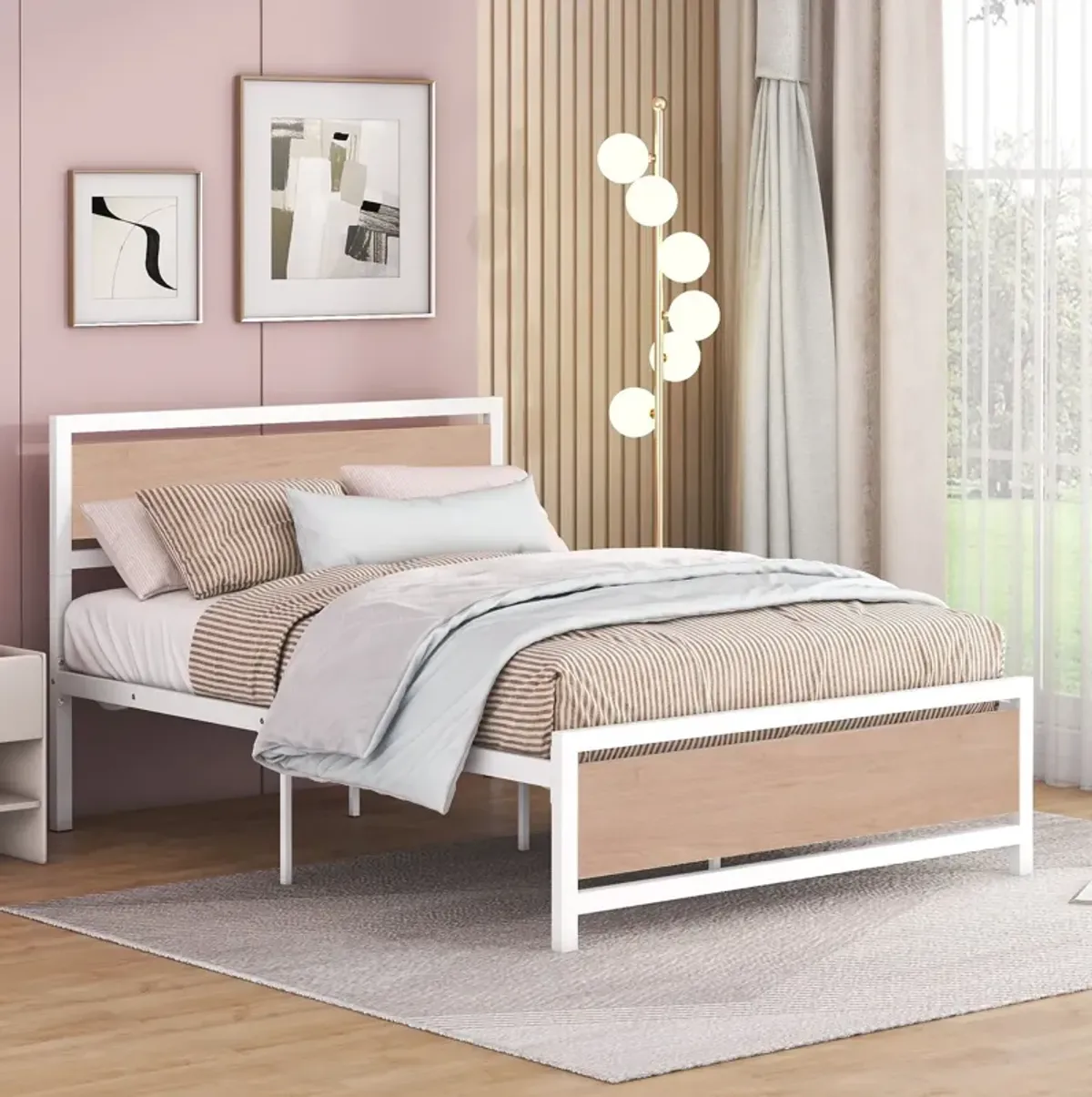 Platform Bed, Metal And Wood Bed Frame With Headboard And Footboard