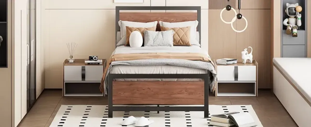 Platform Bed, Metal And Wood Bed Frame With Headboard And Footboard