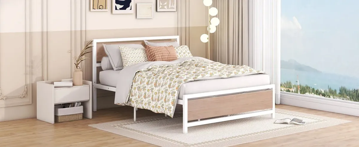 Platform Bed, Metal And Wood Bed Frame With Headboard And Footboard