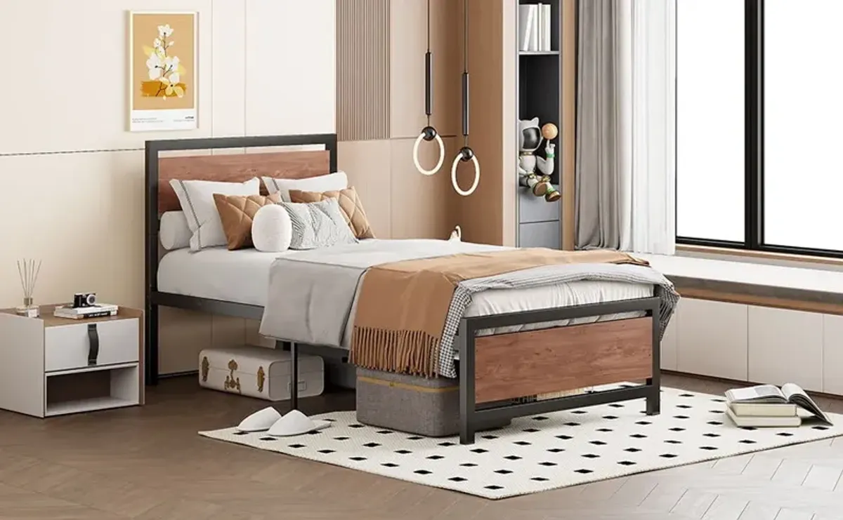 Platform Bed, Metal And Wood Bed Frame With Headboard And Footboard