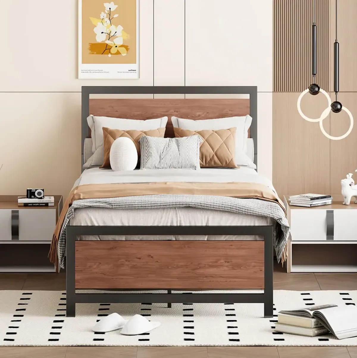 Platform Bed, Metal And Wood Bed Frame With Headboard And Footboard