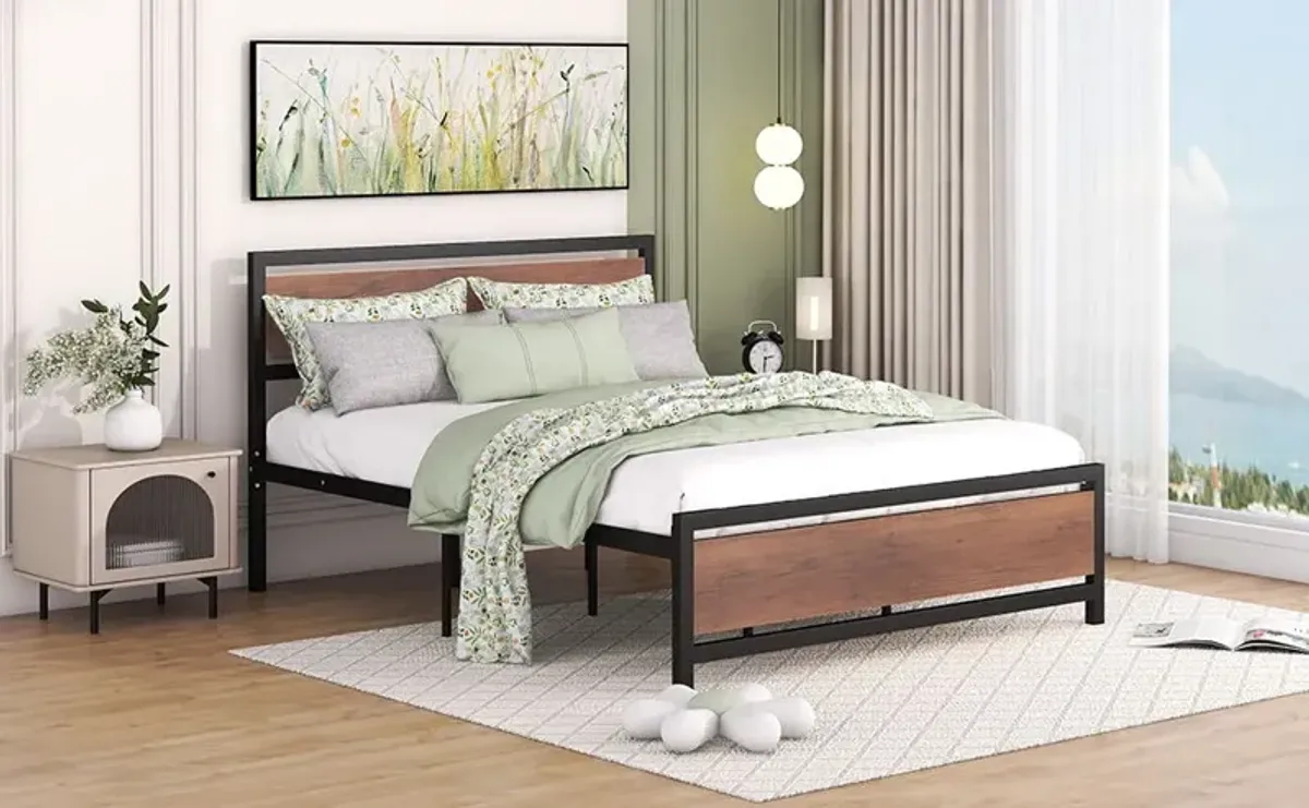 Platform Bed, Metal And Wood Bed Frame With Headboard And Footboard