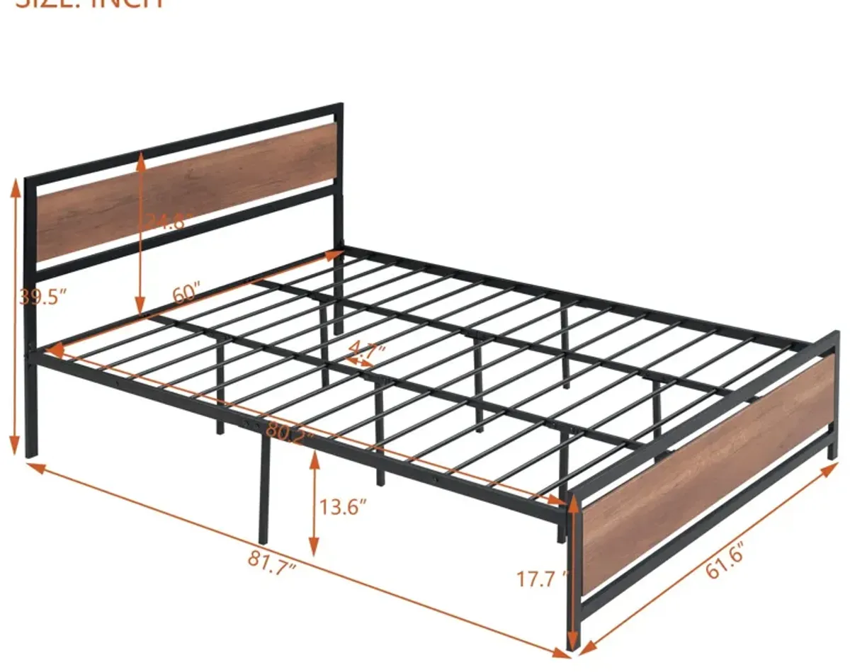 Platform Bed, Metal And Wood Bed Frame With Headboard And Footboard