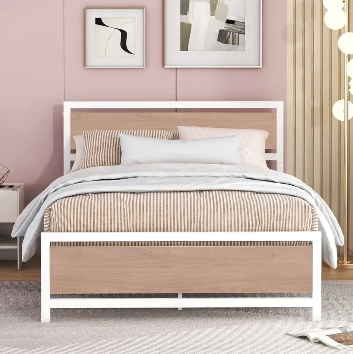 Platform Bed, Metal And Wood Bed Frame With Headboard And Footboard