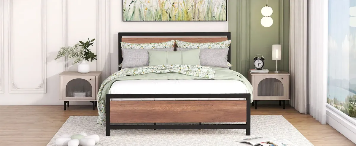 Platform Bed, Metal And Wood Bed Frame With Headboard And Footboard