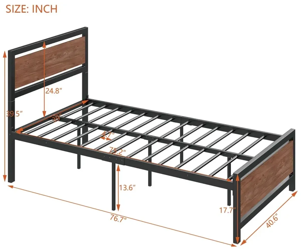 Platform Bed, Metal And Wood Bed Frame With Headboard And Footboard