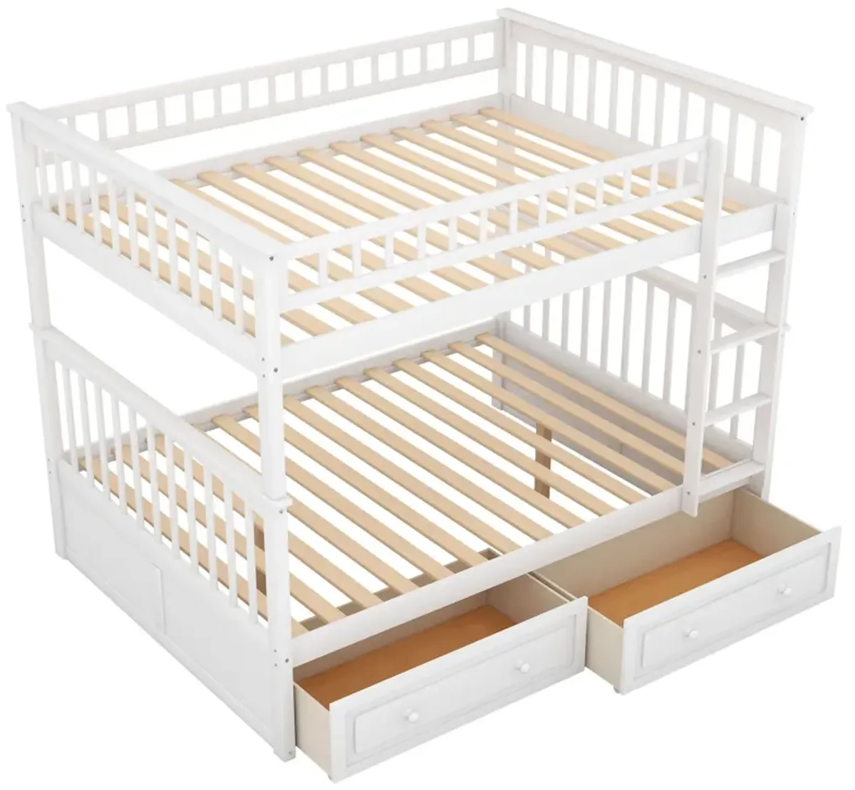 Full Over Full Bunk Bed With Drawers, Convertible Beds - White