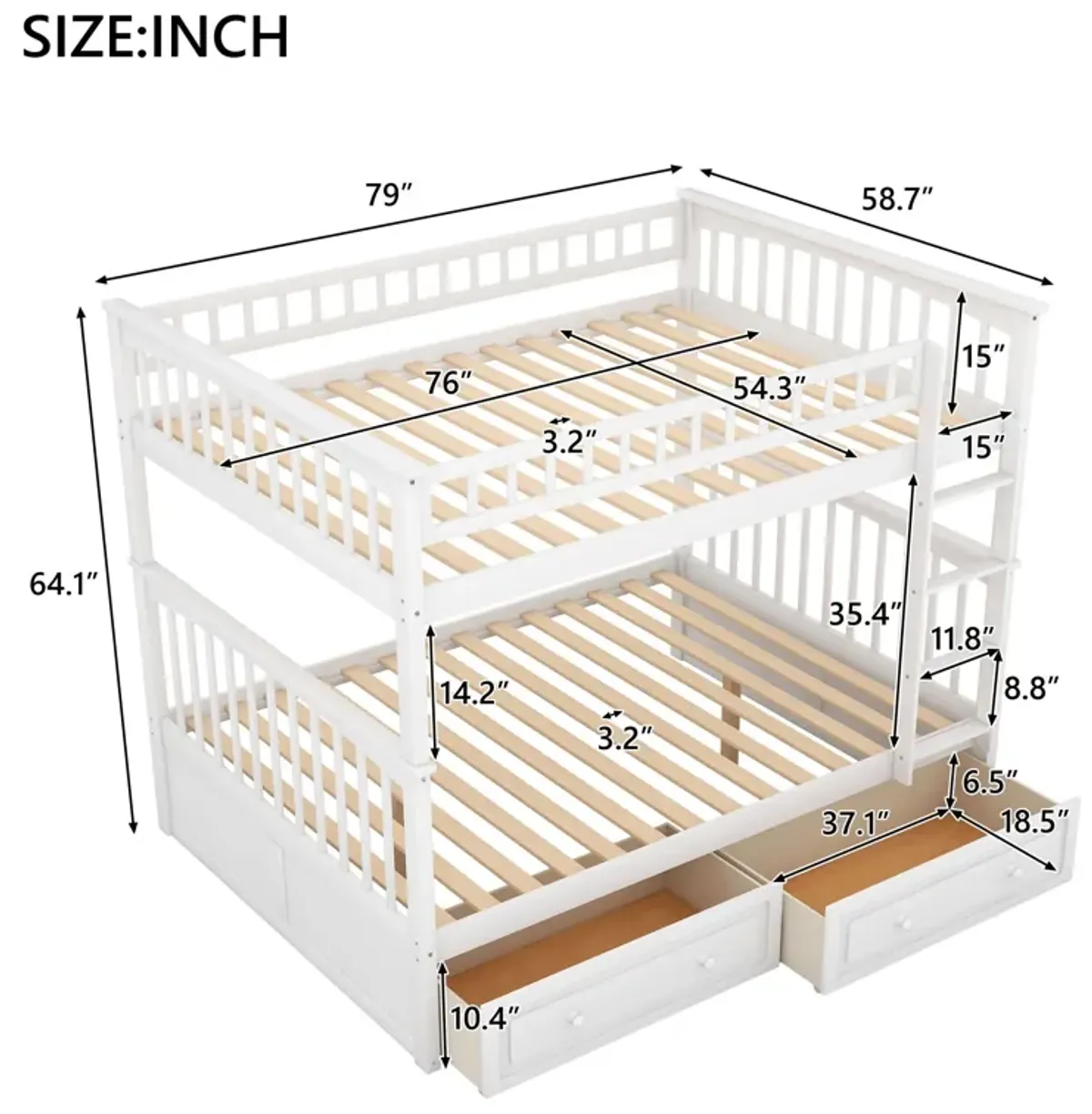 Full Over Full Bunk Bed With Drawers, Convertible Beds - White