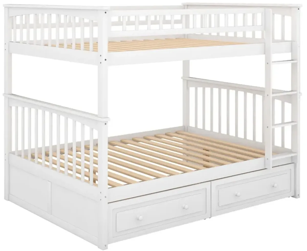 Full Over Full Bunk Bed With Drawers, Convertible Beds - White