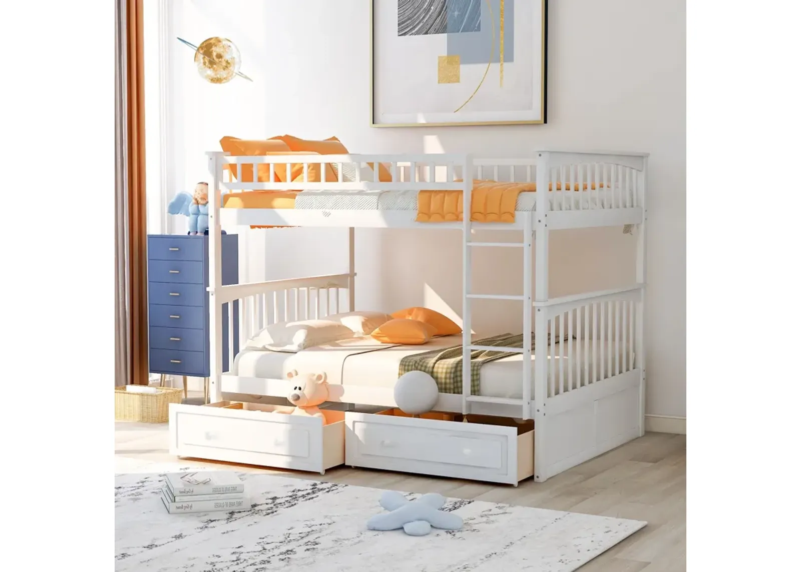 Full Over Full Bunk Bed With Drawers, Convertible Beds - White