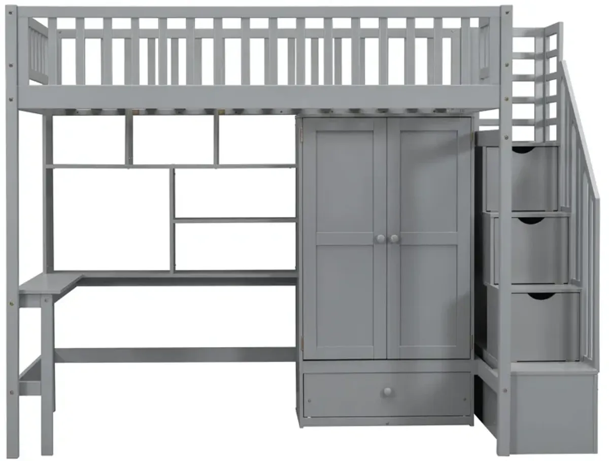 Twin Size Loft Bed With Bookshelf, Drawers, Desk, And Wardrobe - Gray