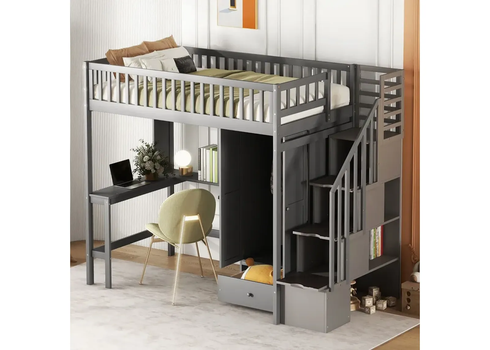 Twin Size Loft Bed With Bookshelf, Drawers, Desk, And Wardrobe - Gray