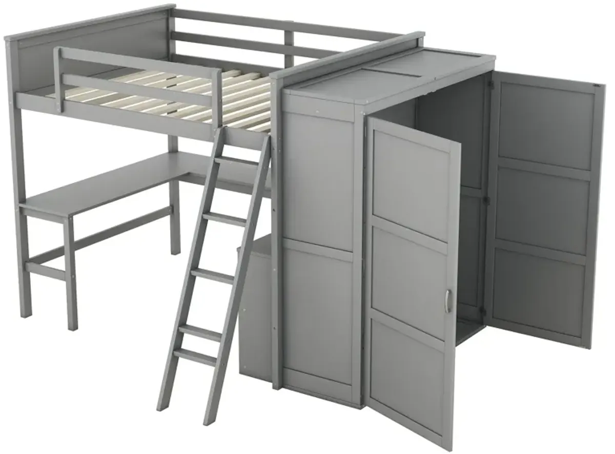 Full Size Loft Bed With Desk, Shelves And Wardrobe - Gray