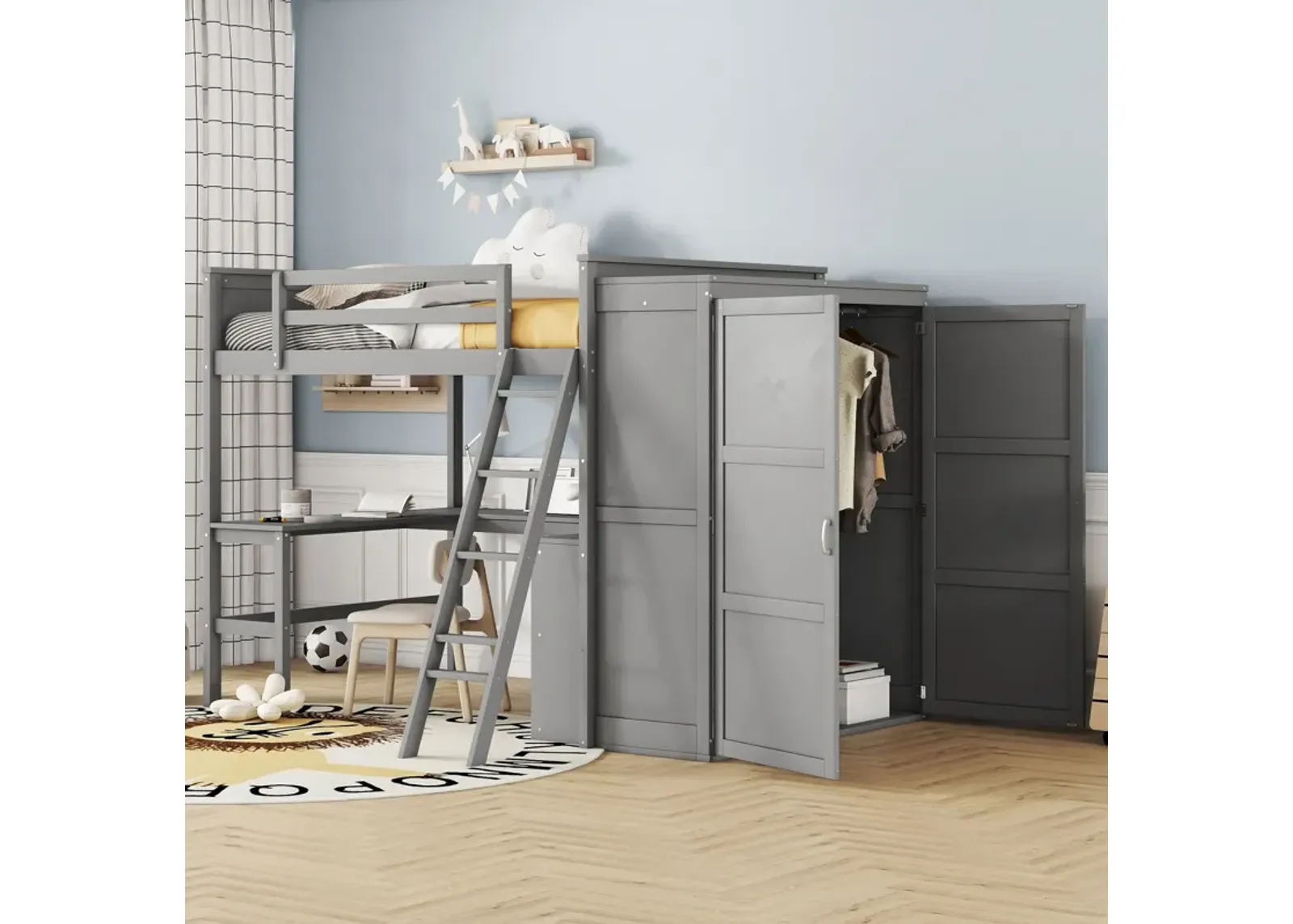 Full Size Loft Bed With Desk, Shelves And Wardrobe - Gray