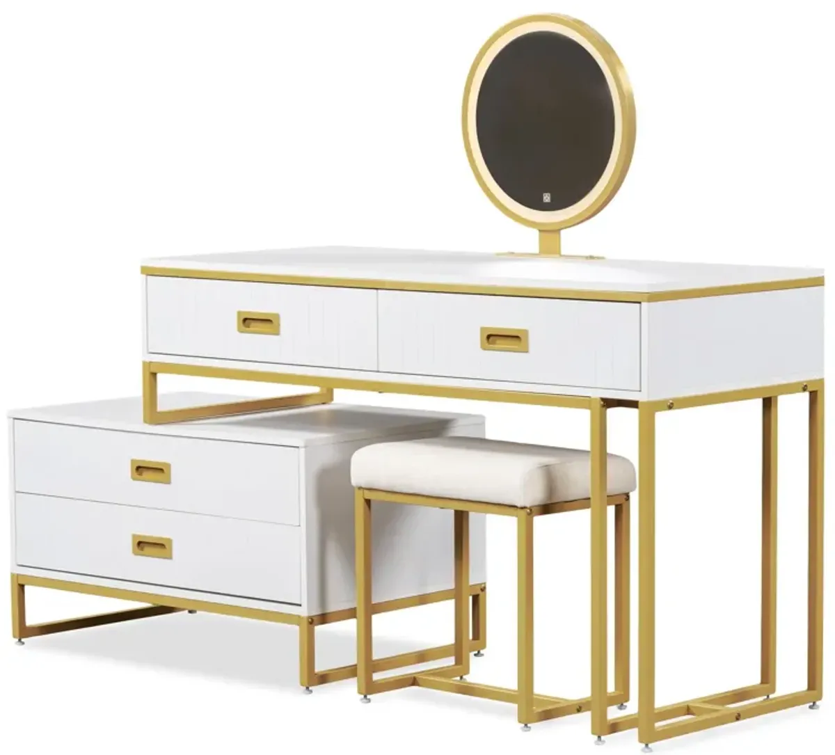 Modern Style Vanity Table With Movable Side Cabinet And 4 Drawers, Large Size Dressing Table With Mirror And 3 Colors Led Light, Makeup Table With Stool - White / Golden