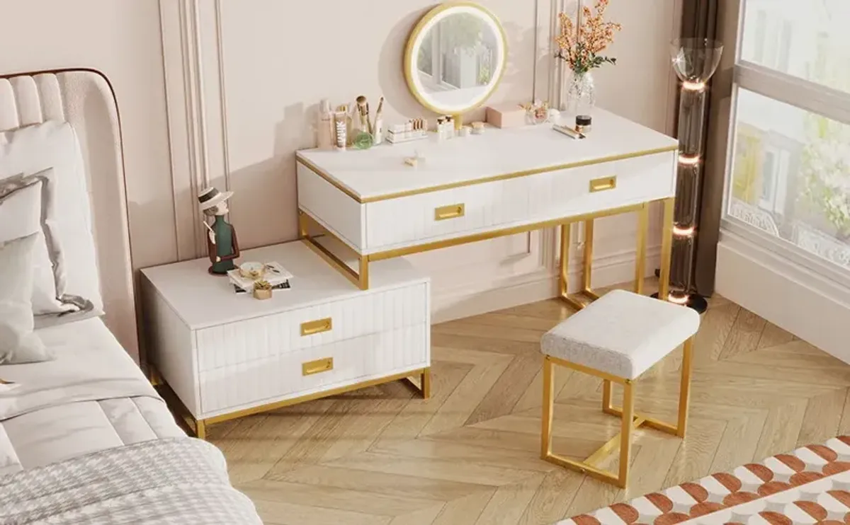 Modern Style Vanity Table With Movable Side Cabinet And 4 Drawers, Large Size Dressing Table With Mirror And 3 Colors Led Light, Makeup Table With Stool - White / Golden