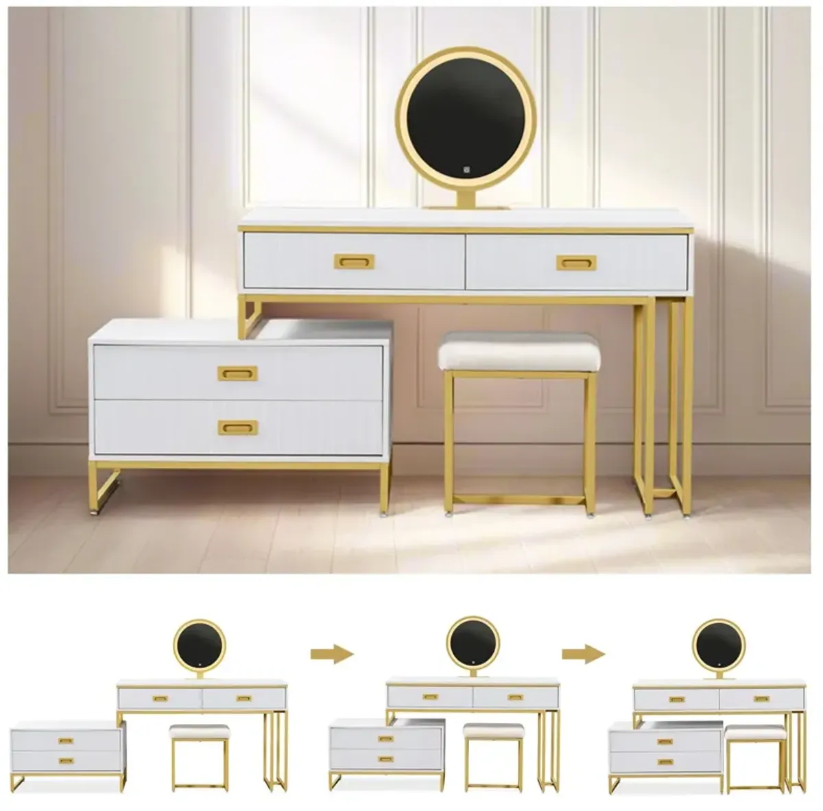 Modern Style Vanity Table With Movable Side Cabinet And 4 Drawers, Large Size Dressing Table With Mirror And 3 Colors Led Light, Makeup Table With Stool - White / Golden